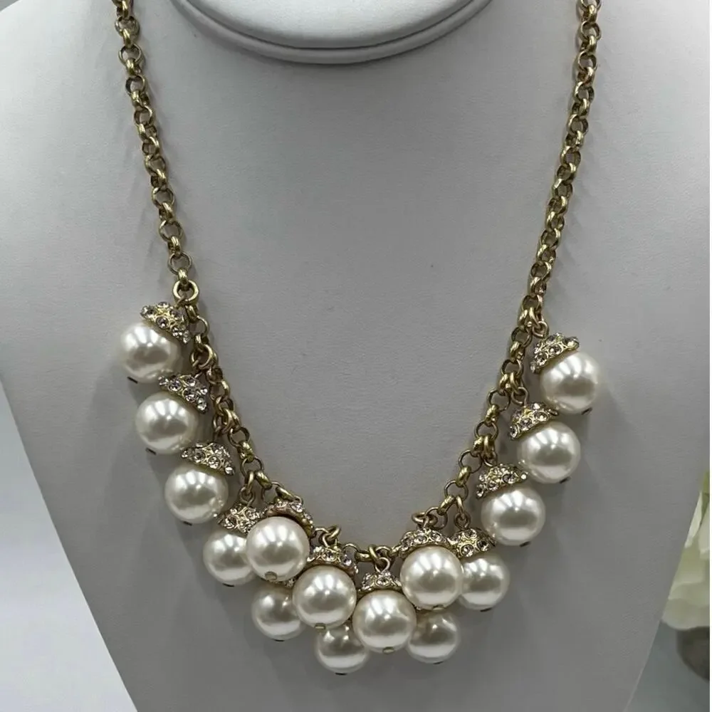 J. Crew Gold-Tone‎ Faux Pearl Rhinestone Dangle Cluster Statement Necklace